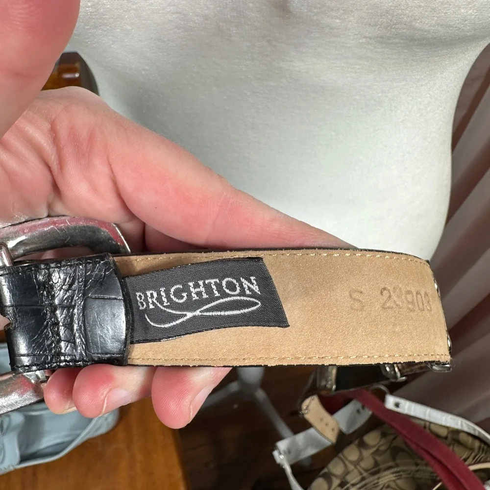 VTG Brighton Belt‎ Womens Small Black Brown Croc Embossed Leather Silver Buckle